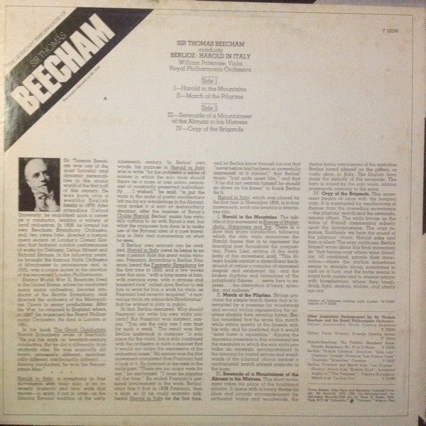 Sir Thomas Beecham Conducts Hector Berlioz, William Primrose, Royal Philharmonic Orchestra : Berlioz:  Harold In Italy (LP, RE)