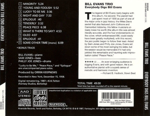 The Bill Evans Trio : Everybody Digs Bill Evans (CD, Album, Club, RE, RM)