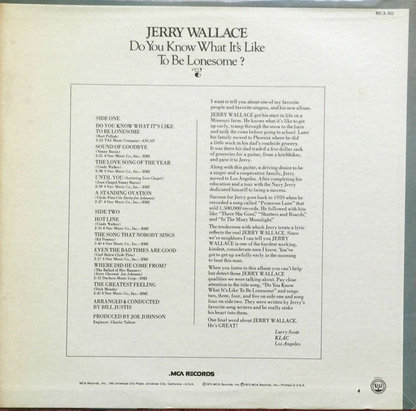 Jerry Wallace : Do You Know What It's Like To Be Lonesome? (LP, Album)
