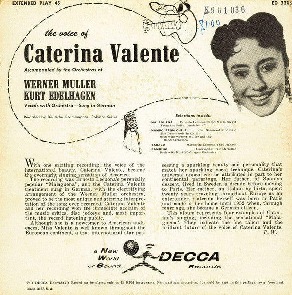 Caterina Valente With Werner Müller And The RIAS Tanzorchester And Orchester Kurt Edelhagen : The Voice Of Caterina Valente (7", EP)