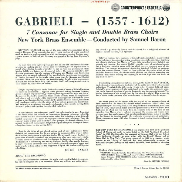 Giovanni Gabrieli, New York Brass Ensemble Conducted By Samuel Baron : Seven Canzonas Of Giovanni Gabrieli (LP, Album, RE)