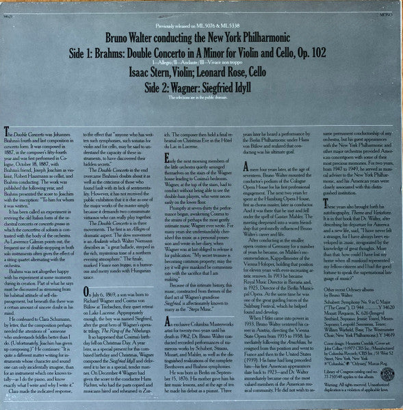 Isaac Stern, Leonard Rose, Bruno Walter Conducts New York Philharmonic, Johannes Brahms / Richard Wagner : Double Concerto / Siegfried Idyll (LP, Album, Comp, Mono)