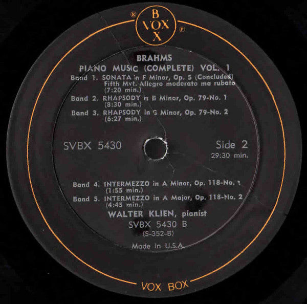 Brahms*, Walter Klien : Piano Music (Complete) Volume I (Box, Comp + 3xLP)