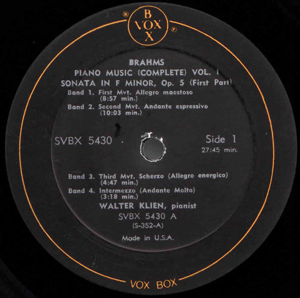 Brahms*, Walter Klien : Piano Music (Complete) Volume I (Box, Comp + 3xLP)