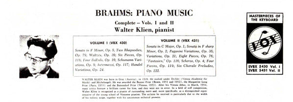 Brahms*, Walter Klien : Piano Music (Complete) Volume I (Box, Comp + 3xLP)