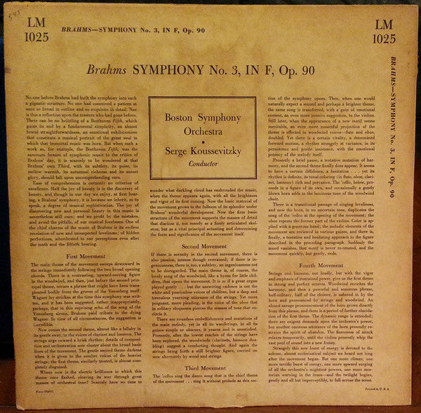 Brahms* - Boston Symphony Orchestra, Serge Koussevitzky : Symphony No. 3 In F, Op. 90 (LP, Album, Mono, RE)