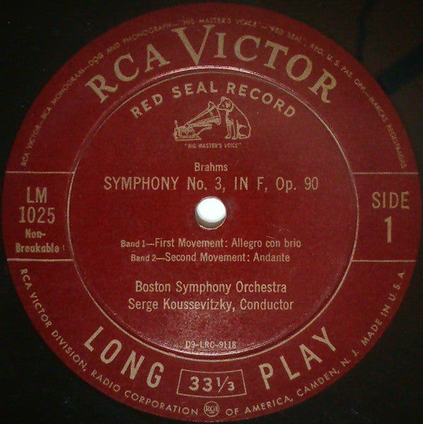 Brahms* - Boston Symphony Orchestra, Serge Koussevitzky : Symphony No. 3 In F, Op. 90 (LP, Album, Mono, RE)