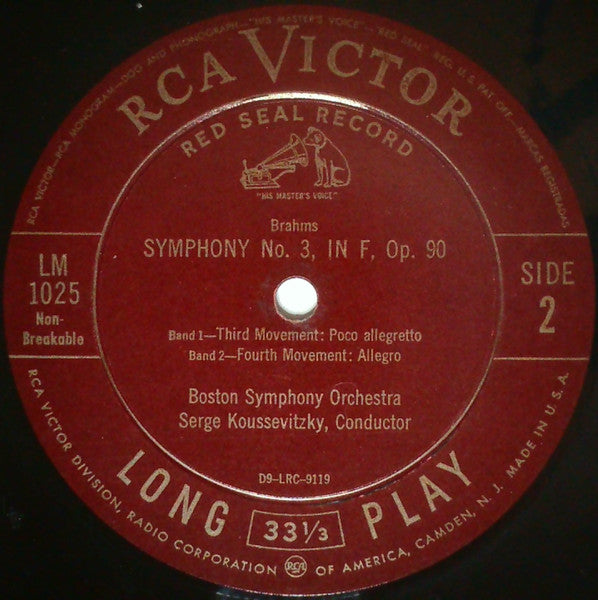 Brahms* - Boston Symphony Orchestra, Serge Koussevitzky : Symphony No. 3 In F, Op. 90 (LP, Album, Mono, RE)