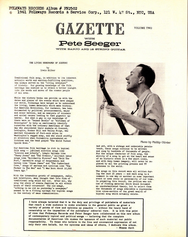 Pete Seeger : Gazette, Vol. 2 (LP, Album)