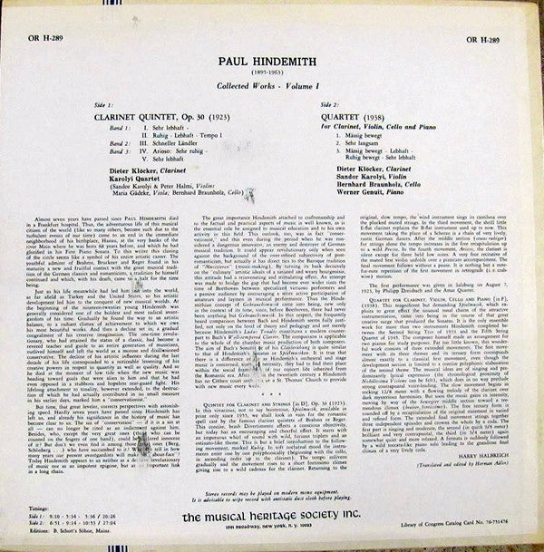 Paul Hindemith : Collected Works - Volume I (LP, Album)