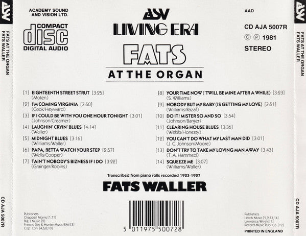 Fats Waller : Fats At The Organ (CD, Comp)