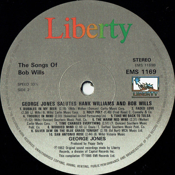 George Jones (2) : George Jones Salutes Hank Williams And Bob Wills (LP, Album, Comp)