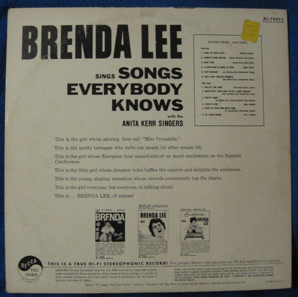 Brenda Lee : Brenda Lee Sings Songs Everybody Knows (LP, Album, RE)