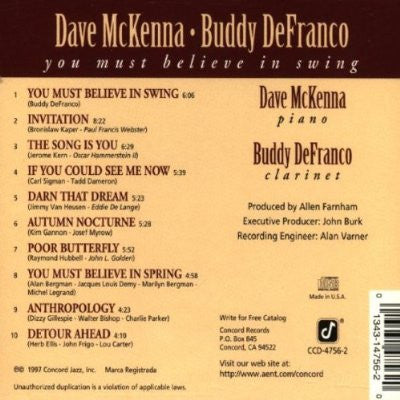 Dave McKenna, Buddy DeFranco : You Must Believe in Swing (CD, Album)