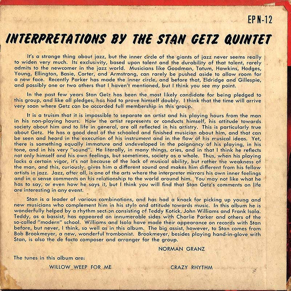 Stan Getz Quintet : Interpretations By The Stan Getz Quintet (7", EP)