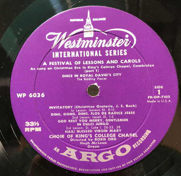 The King's College Choir Of Cambridge Directed By Boris Ord : A Festival Of Lessons And Carols (LP, Mono)