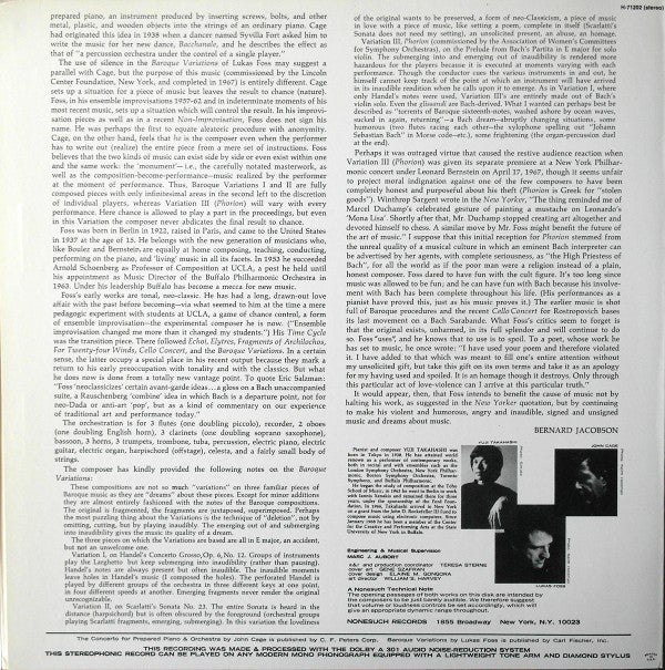 John Cage / Lukas Foss : Concerto For Prepared Piano & Orchestra / Baroque Variations (LP, Album, Gat)