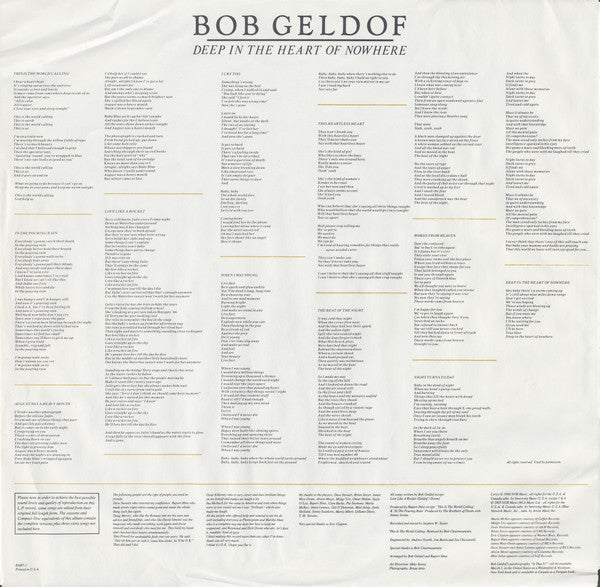 Bob Geldof : Deep In The Heart Of Nowhere (LP, Album)