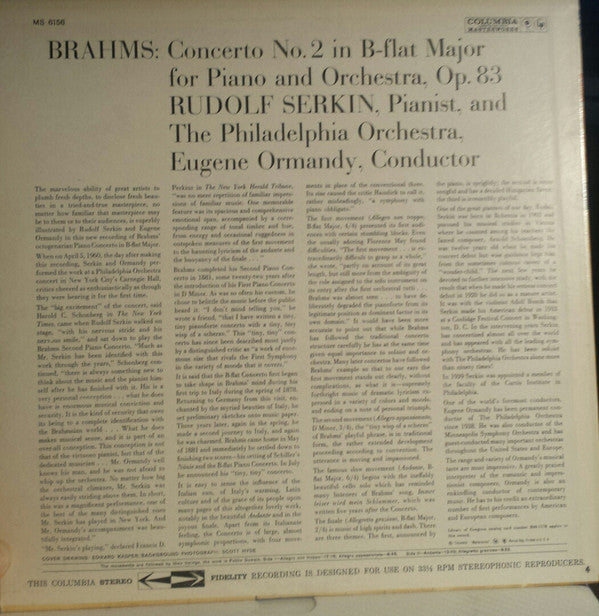 Rudolf Serkin / Johannes Brahms, The Philadelphia Orchestra / Eugene Ormandy : Piano Concerto No. 2 (LP, Album)