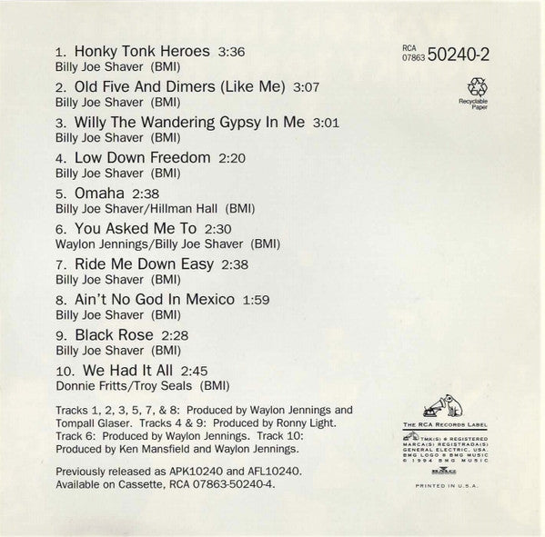 Waylon Jennings : Honky Tonk Heroes (CD, Album, RE)