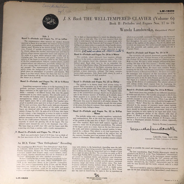 Johann Sebastian Bach - Wanda Landowska : The Well-Tempered Clavier, Book 2: Preludes And Fugues Nos. 17-24 (LP, Album, Mono)