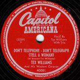 Tex Williams And His Western Caravan : Don't Telephone - Don't Telegraph (Tell A Woman) / Blue As A Heart Ache (Shellac, 10", Scr)