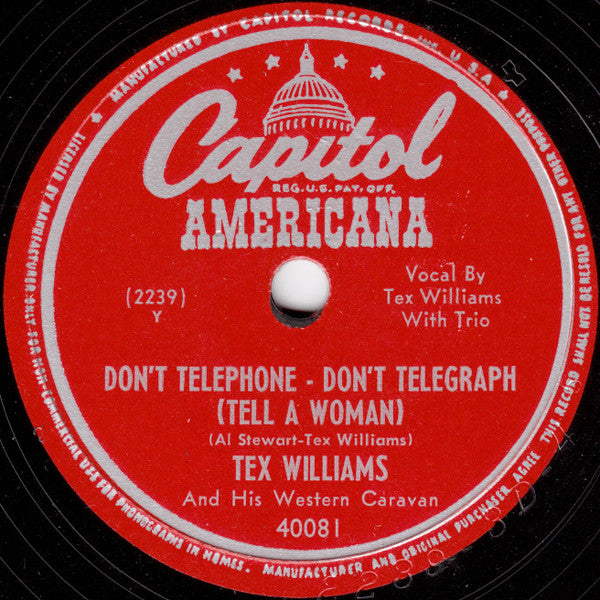 Tex Williams And His Western Caravan : Don't Telephone - Don't Telegraph (Tell A Woman) / Blue As A Heart Ache (Shellac, 10", Scr)