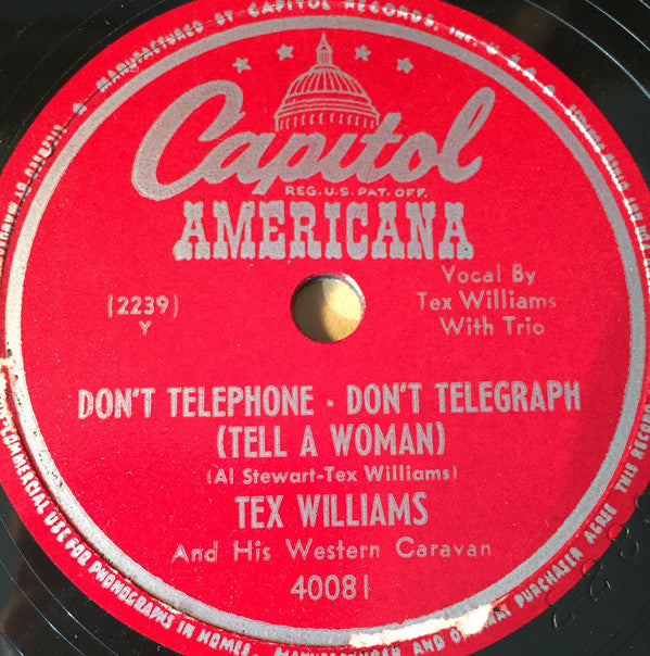 Tex Williams And His Western Caravan : Don't Telephone - Don't Telegraph (Tell A Woman) / Blue As A Heart Ache (Shellac, 10", Scr)