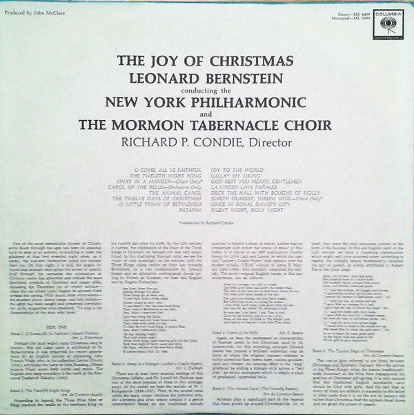 Leonard Bernstein Conducting The New York Philharmonic And Mormon Tabernacle Choir : Richard P. Condie : The Joy Of Christmas (LP, Album, San)