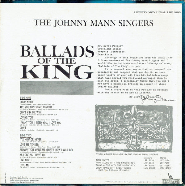 The Johnny Mann Singers : Ballads Of The King (LP, Album, Mono)