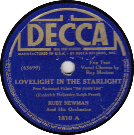 Ruby Newman And His Orchestra : Lovelight In The Starlight / Kiss Me Good-Night (Shellac, 10")