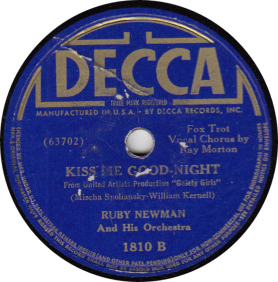 Ruby Newman And His Orchestra : Lovelight In The Starlight / Kiss Me Good-Night (Shellac, 10")