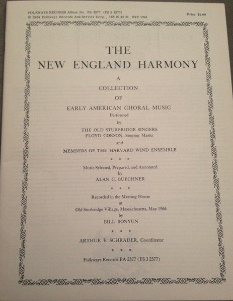 Old Sturbridge Singers : The New England Harmony: A Collection of Early American Choral Music (LP, Mono)