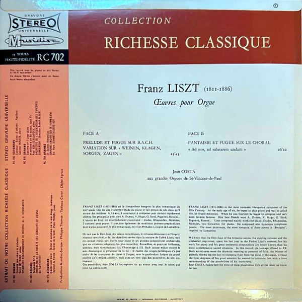 Franz Liszt, Jean Costa (2) : Oeuvres Pour Orgue (LP)