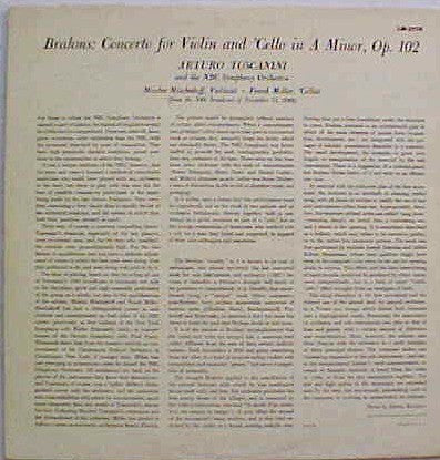 Johannes Brahms / Arturo Toscanini / NBC Symphony Orchestra / Mischa Mischakoff / Frank Miller (3) : Concerto for Violin And 'Cello In A Minor, Op.102 (LP, Album)