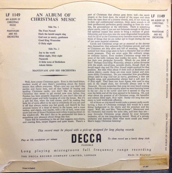 Mantovani And His Orchestra : An Album Of Christmas Music (10", Album, Mono)