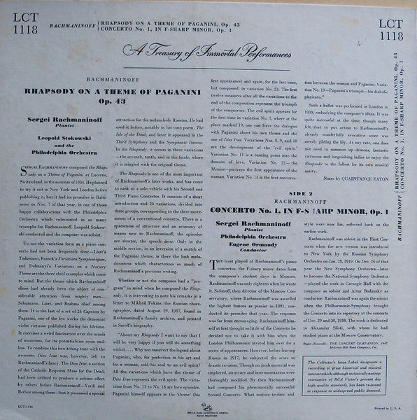 Sergei Vasilyevich Rachmaninoff, Leopold Stokowski, Eugene Ormandy, The Philadelphia Orchestra : Rhapsody On A Theme Of Paganini Op. 43 & Concerto No. 1 In F-Sharp Minor Op. 1 (LP)