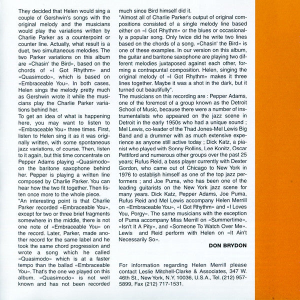 Helen Merrill : Chasin' The Bird (HDCD, Album, RE)