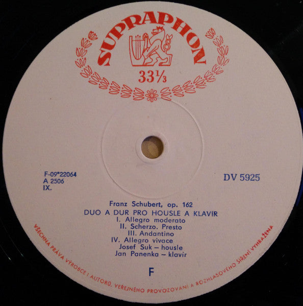 Bedřich Smetana / Franz Schubert - Josef Suk, Jan Panenka : Z Domoviny / Sonatina D Dur Pro Housle A Klavír / Duo A Dur Pro Housle A Klavír - Sonata In A Major (LP, Mono)