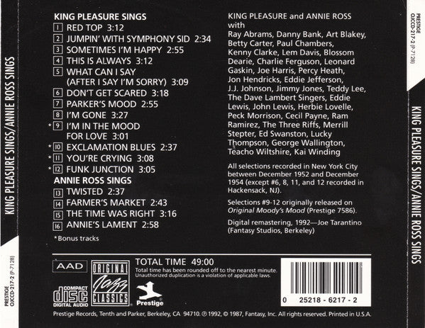 King Pleasure / Annie Ross : King Pleasure Sings / Annie Ross Sings (CD, Comp, RE, RM)