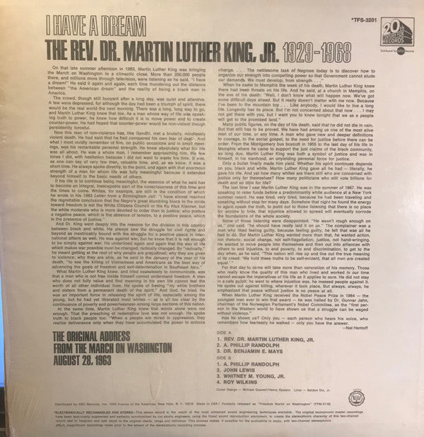 The Rev.Dr. Martin Luther King,Jr.* : I Have A Dream 1929-1968 - The Original Address From The March On Washington August 28, 1963 (LP, Album)