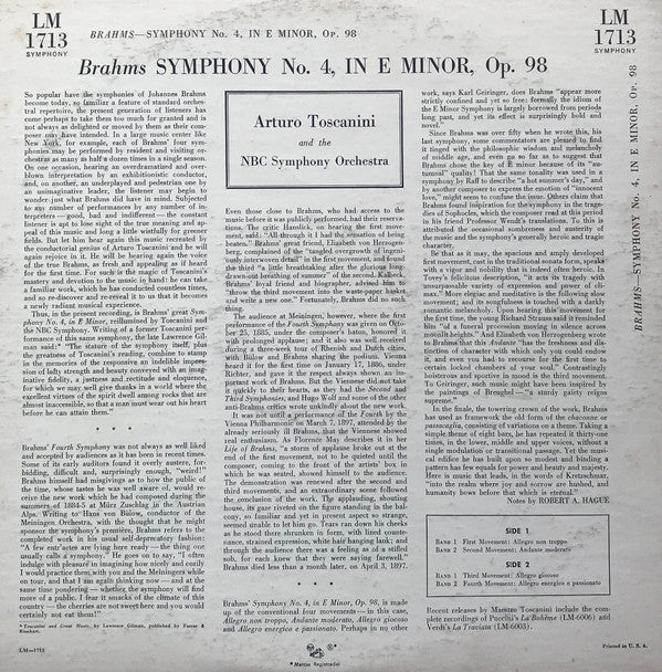 Brahms* - Toscanini* And The NBC Symphony Orchestra : Symphony No. 4 (LP, Album, Mono)