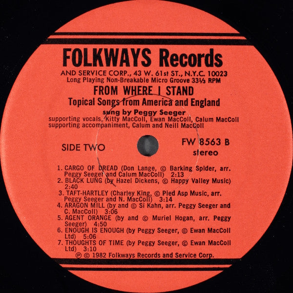Peggy Seeger, Kitty MacColl, Ewan MacColl, Calum MacColl, Neill MacColl : From Where I Stand : Topical Songs From America And England (LP, Album)