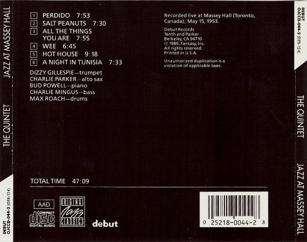 The Quintet : Jazz At Massey Hall (CD, Album, RE)