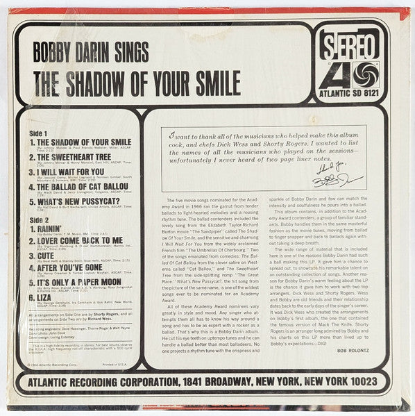 Bobby Darin : Bobby Darin Sings The Shadow Of Your Smile (LP, Album, RP)