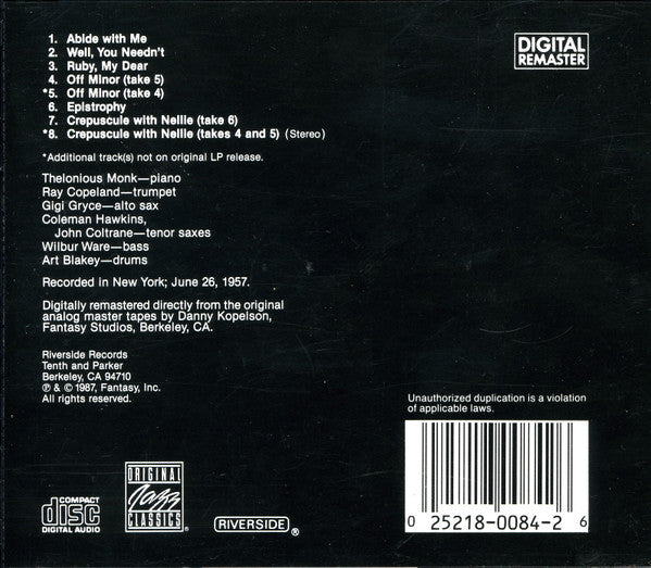 Thelonious Monk Septet : Monk's Music (CD, Album, RE, RM)